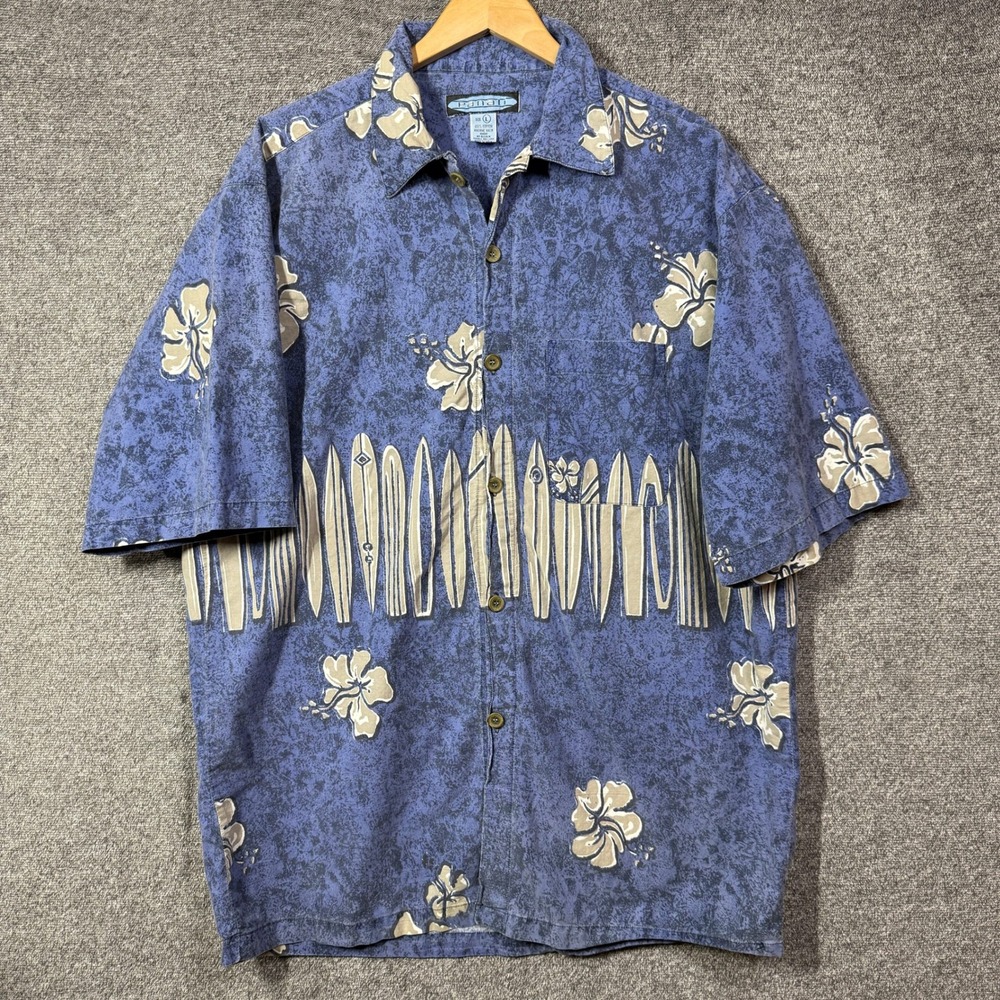 Panali Shirt Mens L Blue Surfboard Hibiscus Floral Cotton Short Sleeve Button